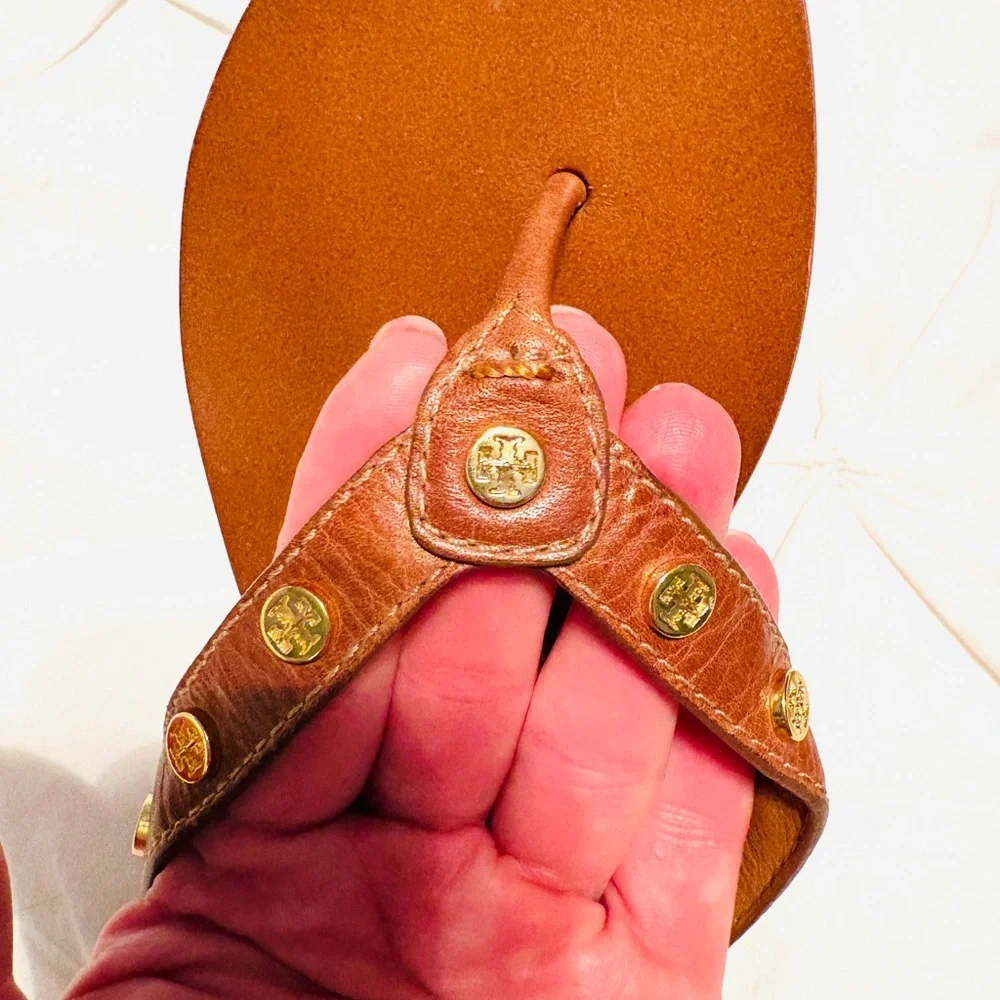 Tory Burch Leather Logo Thong Sandals with Gold Stud Accents